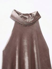 CAREE Women's Spring & Summer Dusty Rose Satin Cowl Neck Back Tie Halter Sleeveless Asymmetric Hem Loose Flowy Blouse Top - Rusty Rose - View 6