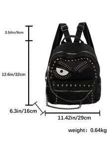 Black Rivet Big Eye Shoulder Bag, Distressed Canvas Chain, Unique Street Cool Student Backpack - Black - View 11