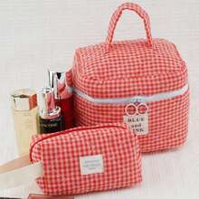 3pcs Red Plaid Makeup Bag Set, Large Capacity Cosmetic Organizer Pouch, Quilted Toiletry Bag,Back To School,Bedroom Room Decor,Back To School - Red - View 9