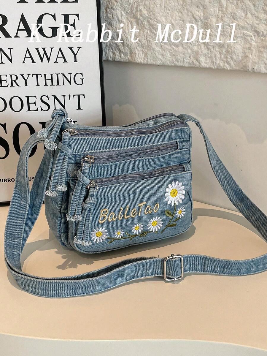 Mini Fashionable Floral Embroidered Jeans Multi-Pocket Crossbody Bag – Versatile Women's Shoulder Bag, Small Jeans Bag, Mom Bag With Adjustable Strap