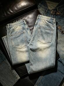 1pc ALL/Global/Universal Loose Fit Thanksgiving Fashion, Minimalist Versatile Men's Denim Jeans - Blue - View 3