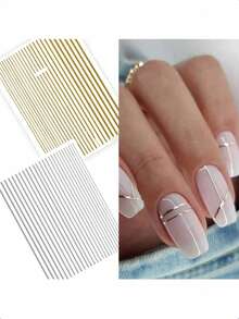 2 Sheets 52pcs Gold & Silver Line Geometric Wave Self-Adhesive Slider Nail Art Transfer Stickers - Gold - View 1