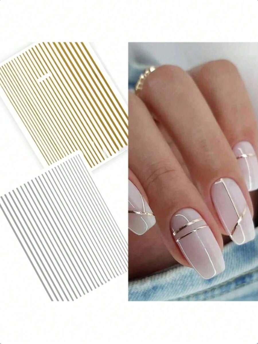 2 Sheets 52pcs Gold & Silver Line Geometric Wave Self-Adhesive Slider Nail Art Transfer Stickers - Gold - View 1