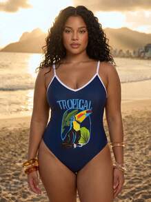 CAJUNI Plus Size Women's 2pcs Tropical Print Deep V One-Piece Swimsuit With Matching Short Printed Wrap Skirt, Beach Holiday Vacation Summer - Multicolor - View 5