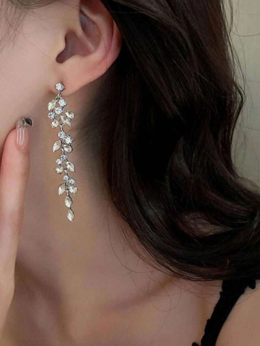 1 Pair Exaggerated Luxury Crystal Leaf Wedding Earrings, Fashionable Elegant Women's Jewelry Gift - Silver - View 1