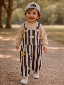 Baby Girls Vintage Brown & White Vertical Striped Overalls, Adjustable Shoulder Straps, Rolled Hem Casual Long Pants - Coffee Brown - View 5