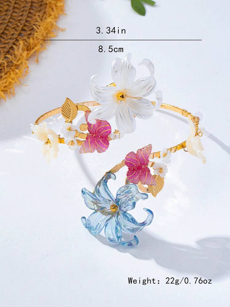 1pc Colorful Heavy-Duty Handmade 3D Floral Arm Cuff With Contrast Beaded Design, Open Adjustable Bangle - Blue and White - View 2