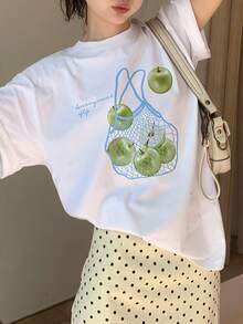 Graphic Print Drop Shoulder-Shirt, Short Sleeve Crew Neck Casual Top Spring And Summer, Women'S Clothing - White - View 1