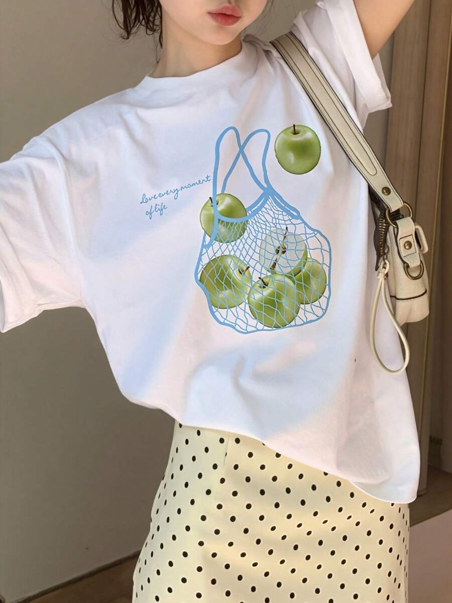 Graphic Print Drop Shoulder-Shirt, Short Sleeve Crew Neck Casual Top Spring And Summer, Women'S Clothing - White - View 1