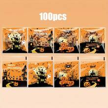 100pcs 4-In-1 New Halloween Series Cute Cartoon Castle Ghost Cat Pumpkin Transparent Self-Adhesive Bags, Halloween Party Small Gift Packaging Bags - Multicolor - View 8