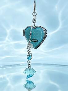 Cute Heart Shaped Foldable Mirror Keychain With Mini Whale Pendant, Sweet Dotted Striped Pattern Portable Makeup Mirror Bag Charm Key Ring Gift For Gi - Baby Blue - View 5
