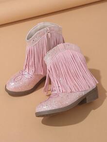 NILOSH Girls' Shiny Pink Tassel Embroidered Western Boots, Side Zipper, Round Toe Low Chunky Heel - Pink - View 6