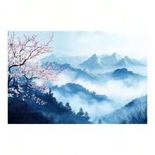 1Pc 2D Flat Misty Blue Mountain Pink Cherry Blossom Canvas Wall Art,Canvas Prints,Wall Decor,Wrapped Framed Canvas Print,Home Decor For Living Room,Bedroom,Study,Minimalist Oriental Landscape Art,Framed Ready To Hang - Framed - View 2