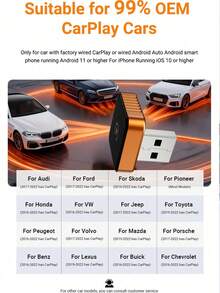 XUDA 新款 Mini CarPlay AI Box，無線 CarPlay 與 Android 二合一車載音訊，有線轉無線功能，支援 2.4-5.0 GHz WiFi 5，時尚便攜式車用 CarPlay 接收器，相容 99% 具備有線 CarPlay 與 Android 功能的汽車 - 亮橙色 - 查看 10