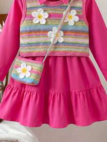 Set Pakaian Kasual Anak Perempuan, Gaun Kemeja Depan Setengah Terbuka Sederhana Warna Merah Mawar, Rompi Bunga 3D, dan Tas Fashion Bunga 3D - Hot Pink - View 5
