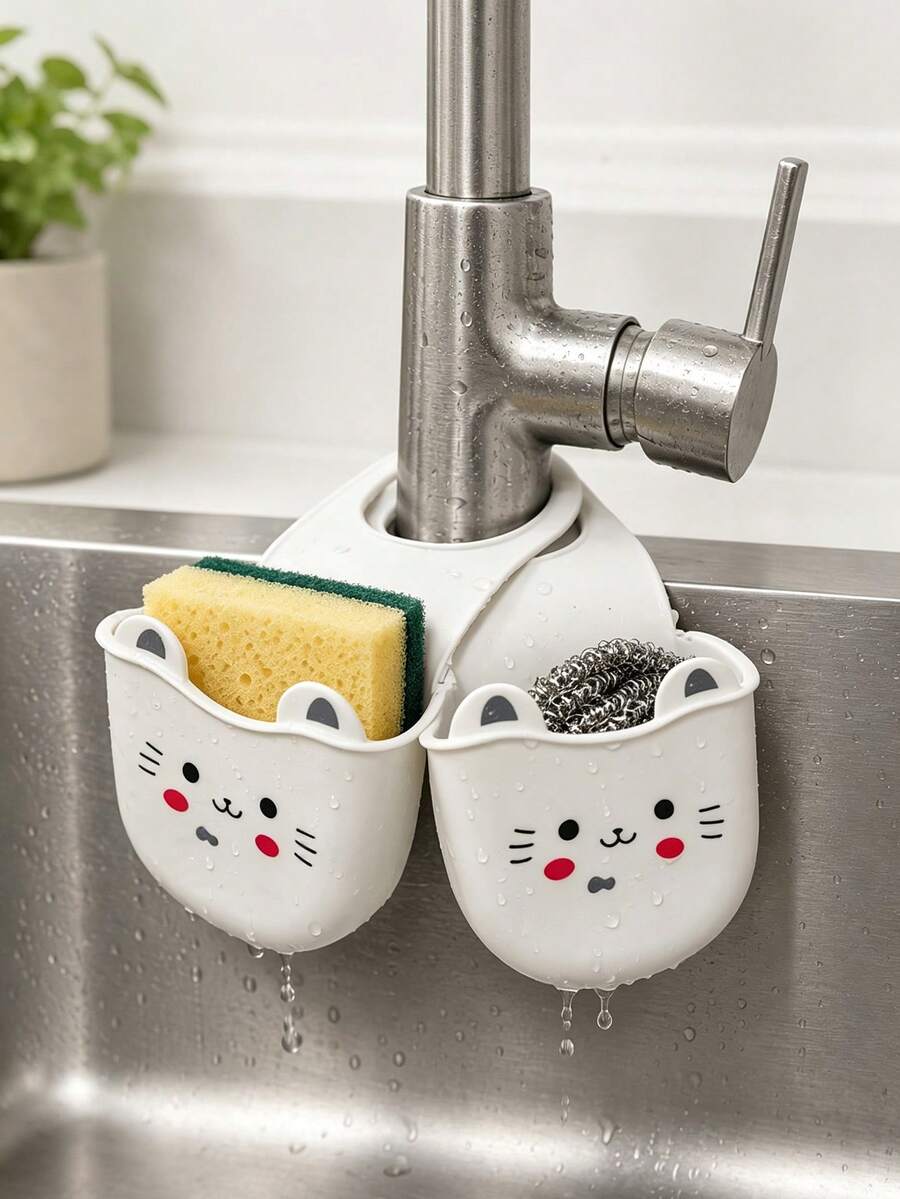 Cute Cat-Shaped Silicone Faucet Holder With Drainage Holes And Sponge Storage Rack, Space-Saving, Suitable For Bathroom, Kitchen, Sink Storage, Durable Sponge Organizer, Bathtub And Shower Drainage Rack, Decorative Sink Organizer - Multicolor - View 1