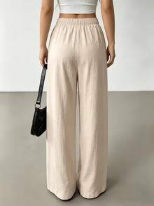 Autumn New Women's Versatile Casual Wide Leg Pants, Solid Color Drawstring Elastic Waist, Loose Fit Long Pants Suitable For Daily Wear And Various Occasions - Apricot - View 5