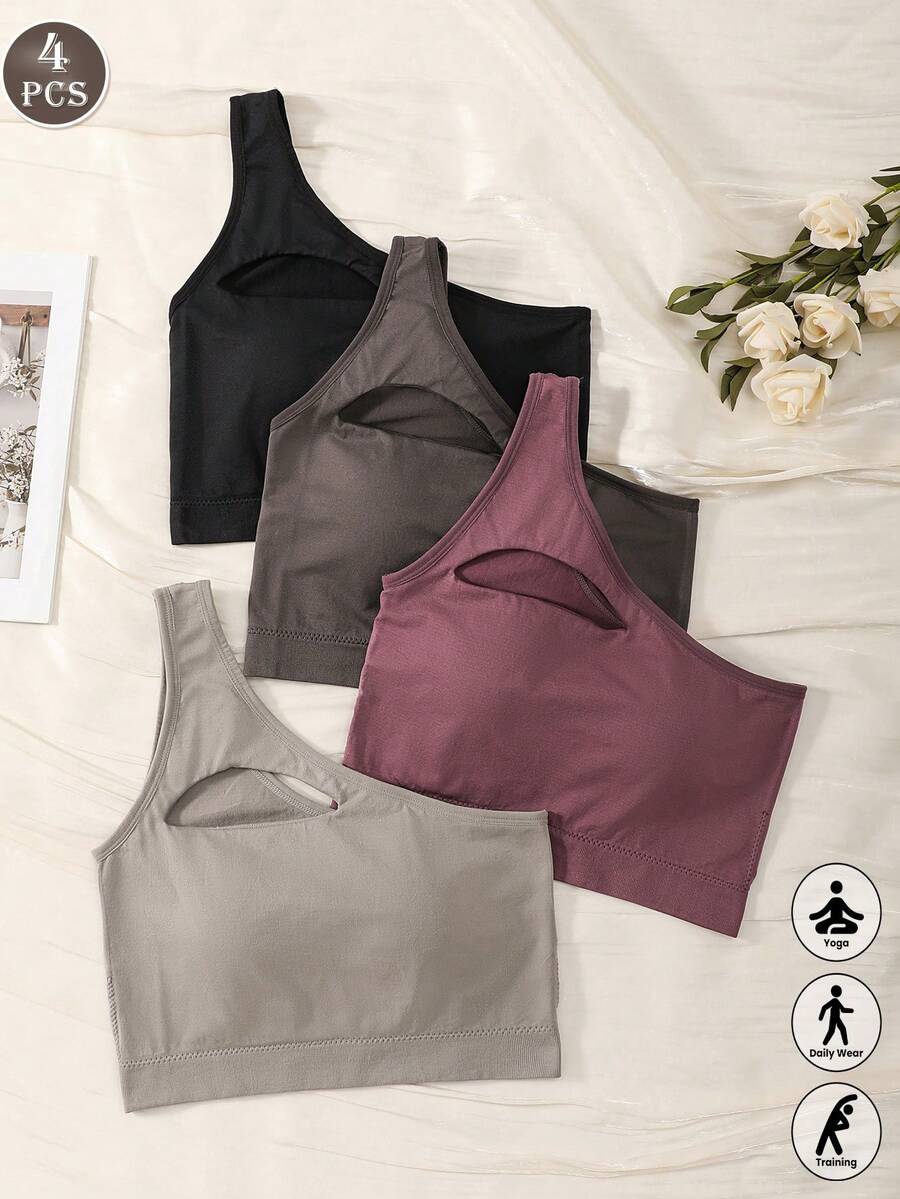 4PCS Asymmetrical One Shoulder Cutout Sports Bra, Breathable Knit Wireless Padded Sleeveless Workout Tank - Multicolor - View 1