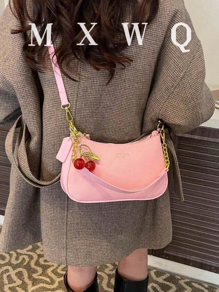 時尚百搭字母圖案PU單肩腋下包，適合購物，可斜背，飾有櫻桃吊飾