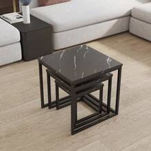3-Piece Stackable Nesting Tables Set – Marble-Effect MDF Tops With Sleek Metal Frames, Compact Sofa Side Tables For Living Room, Space-Saving Design, Modern Minimalist Style - White In Golden Frame - View 11