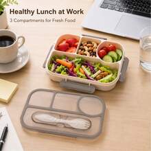 Bento Box Set -4 Compartments Food Storage Container With Cutlery, Soy Sauce Bottle And Cake Liner, Microwave And Dishwasher, Durable Plastic, Suitable For Lunch And Snacks, Brown, Snack Storage | Compartment Container | Microwave Container - Apricot - View 2