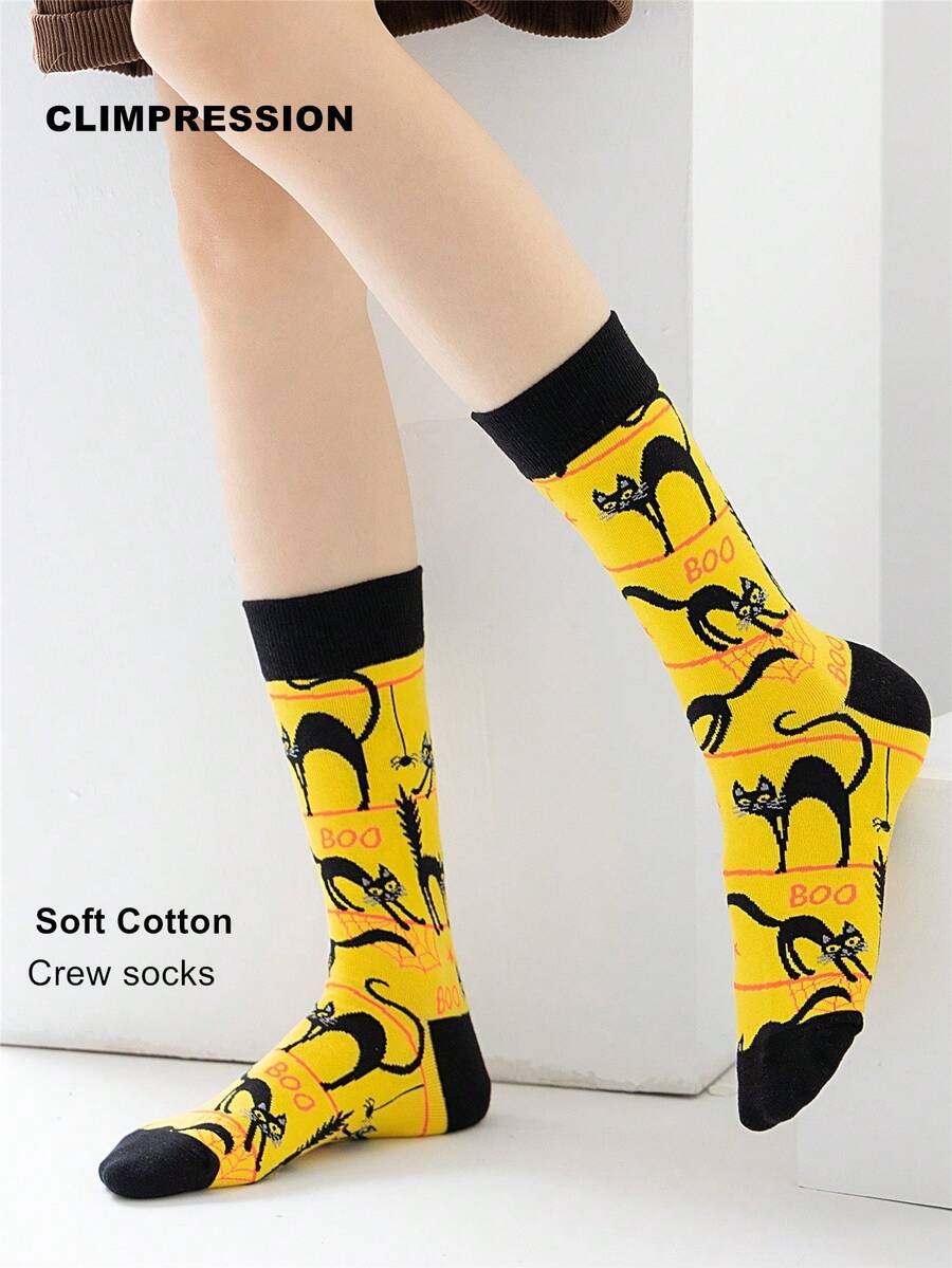CLIMPRESSION Unisex Halloween Black Cat Boo Pattern Mid-Calf Socks, Creative Yellow Pure Cotton Mid-Calf Socks, Fun Casual Fashion Socks - Orange - View 1