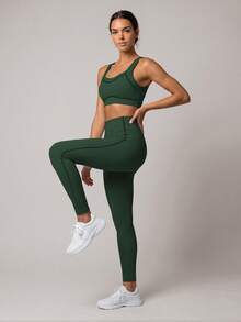 Sodalemon Women Velvet Trim Sport Set Backless V-Neck Gym Bra No Front Seam Velvet Side Lift Buttocks Yoga Leggings Workout Running Training 2 PCS Sets - Olive Green - View 7