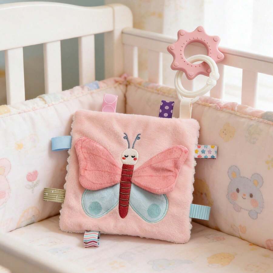 1 Buah Selimut Pengaman Bayi Baru Lahir dengan Label Kupu-kupu Lucu dan Cincin Gigitan, Mainan Sensorik Lembut dan Mewah untuk Acara Baby Shower