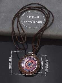 1PC Vintage Mandala Pattern Round Glass Wood Pendant Necklace - Brown - View 6