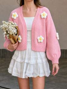 1pc Girls' Teenager College Style Minimalist Contrast Color 3D Flower Knit Cardigan, Spring/Autumn/Winter, Halloween - Pink - View 1
