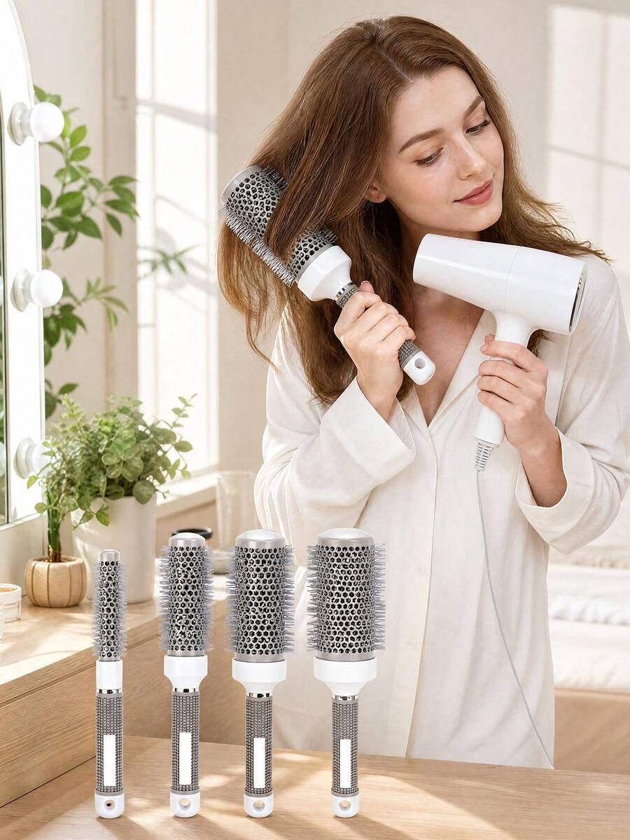 1PC Round Curling Brush, Lightweight Aluminum Vented Barrel, Anti-Static Styling Tool For Beach Waves & Bouncy Curls, All Hair Types, Summer Holiday & Back To School - Grey - View 1