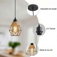 1/2pcs Nordic Vintage Rope Pendant Light Industrial Geometric Iron Birdcage Hanging Light For Dining Room Bar Kitchen Bedroom Bedside Lighting E27 Light Source Rustic Decor Lighting (Bulb Not Included) - Black - View 5