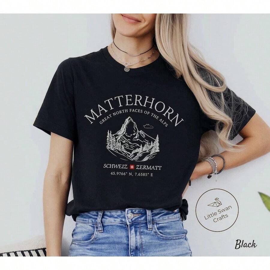 Matterhorn T Shirt, Zermatt Switzerland Unisex Tee LSH7 - 黑色 - 查看 1