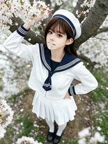 1件裝可愛JK校園制服套裝，附領結，女款水手風校園JK制服，白色長袖上衣搭配白色百褶裙，秋季款 - 白色 - 查看 6