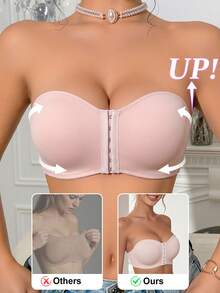Front-Clasp Push-Up Bandeau Bra, Seamless Wire-Free Support Bandeau, Invisible Comfortable Padded Underwear, Suitable For Off-Shoulder Outfits - Pink - View 2