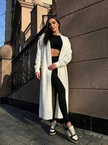 Women's Solid Color Drop Shoulder Long Sleeve Loose Casual Long Fluffy Knit Cardigan Sweater - Apricot - View 7