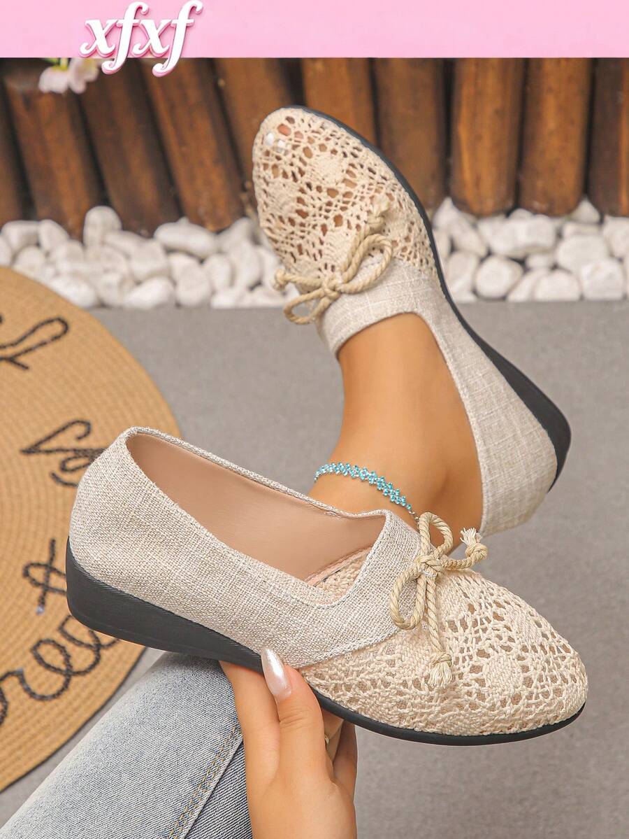 Mocasines de mujer con diseño calado, empalme y lazo, elegantes y cómodos, adecuados para el uso diario/compras/viajes al aire libre. - Beis - Ver 1