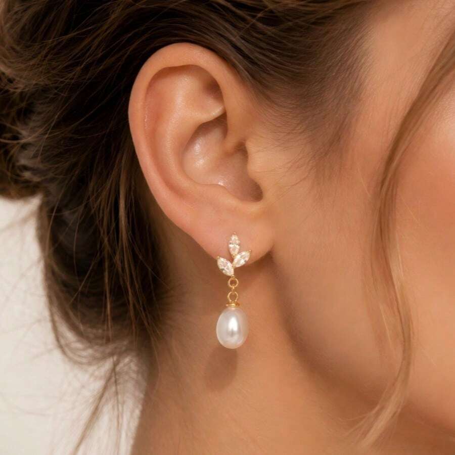 TUANZISP 1 Pair Women's Gold Pendant Earrings, Leaf Flower Pearl Gold Earrings, Cute Ball Bridal Earrings, Wedding Jewelry Gift - Gold - View 1