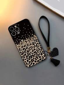 1pc Leopard Print Painted Thick Anti-Drop Phone Case Shell Protective Cover With Accessories, New Leather Heart-Shaped Hand Strap DIY Phone Case Pendant, Leather Rope Tassel Short Wrist Strap Charm Compatible With IPhone, Compatible With Samsung Galaxy / Compatible With Xiaomi 11/12 Pro, Compatible With Redmi - Multicolor - View 4