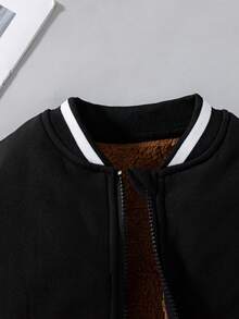 Boys' Casual Fashion Black & White Contrast Color Loose Baseball Collar Thermal Lined Jacket, Autumn/Winter - Black - View 4