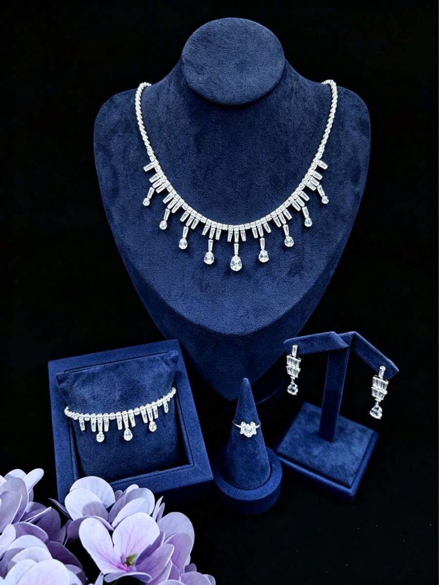 5pcs Set, High-End Luxury Elegant Rhinestone Sparkling Bridal Wedding Dress Full Rhinestone Jewelry Set Necklace, Women's Fashion Party, Holiday Accessory Set. Wedding Photography - Silver - View 1