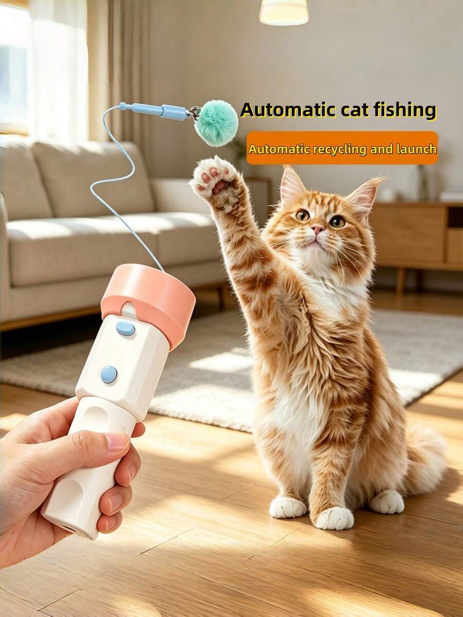 Cute Pet Electric Cat Teaser, Slouchy Cat Toy Wand, Automatic Retractable Fur Ball Launcher Cat Boredom Relief Toy - View 1