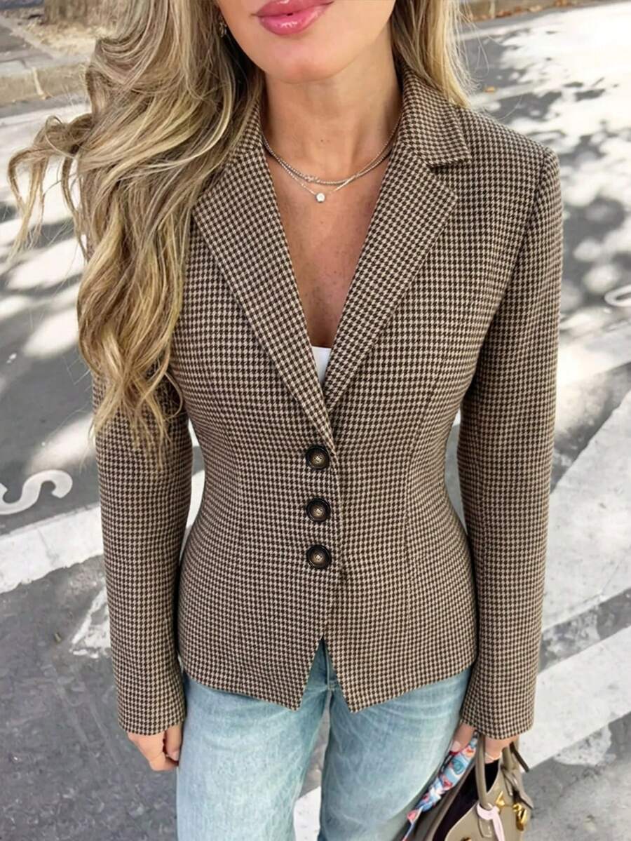 Women's Vintage Lapel Long Sleeve Woven Blazer, Button Detail Design, Regular Length, Back Tie Design, Adjustable Waist Size, Perfect Choice For Autumn/Winter - Multicolor - View 1