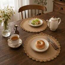 4pcs Bohemian Style Beige Linen Placemats, Round Crochet Edge Heat-Resistant Table Mats, Suitable For Home And Party - Multicolor - View 7