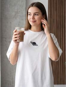 Minimal Tech Women's Oversized Cotton Crew Neck Tee, Saturn Star Texture Print Breathable Summer Top.Fast Local Delivery - 白色 - 查看 2