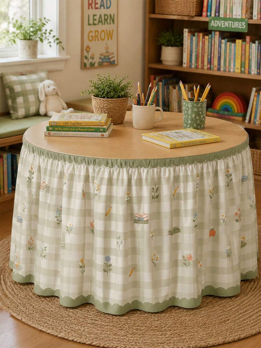 1pc Light Green Plaid Classroom Table Skirt, Sweet Campus Theme Polyester Tablecloth, Daisy Bow Apple Pencil Pattern, School Day Decoration Table Skirt, Suitable For Teacher Gifts, Home Decor, Classroom Decor And Party Decoration - Multicolor - View 1