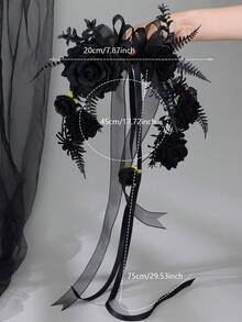 1pc Gothic Black Rose Handheld Hoop Bouquet Elegant Ribbon Bow Spider Floral Ring For Bridesmaid Bridal Wedding Cosplay Photo Props - Black - View 6