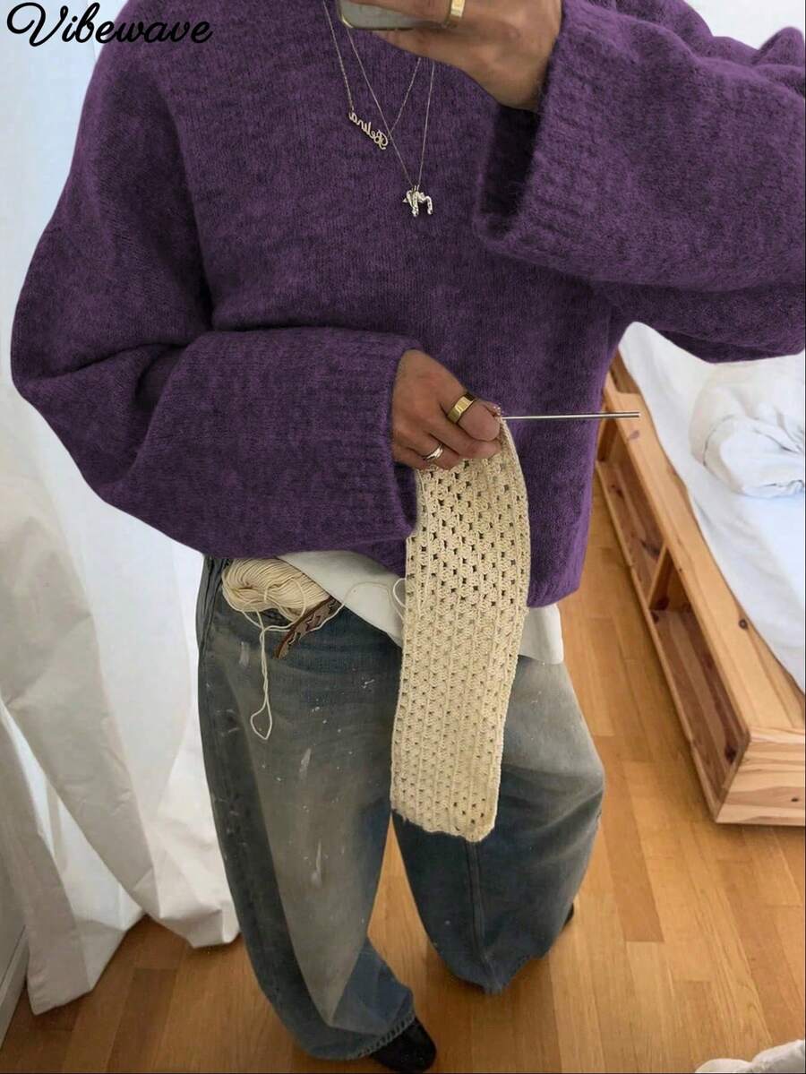 VIBEWAVE Heather Gray Vintage American Style Crew Neck Sweater, Cozy Knit Pullover For Autumn/Winter - Mauve Purple - View 1