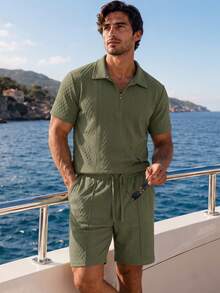 2pcs Men's Military Green Short Sleeve Polo Shirt And Drawstring Waist Shorts Set, Textured Fabric, Breathable And Smooth, Beach Vacation Style, Suitable For Summer - Army Green - View 6