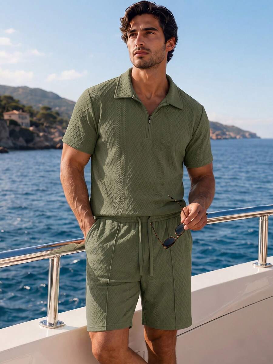 2pcs Men's Military Green Short Sleeve Polo Shirt And Drawstring Waist Shorts Set, Textured Fabric, Breathable And Smooth, Beach Vacation Style, Suitable For Summer - Army Green - View 1
